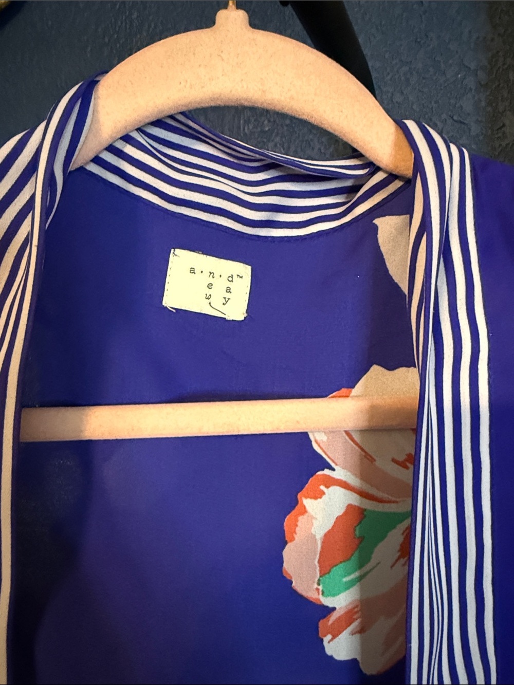 Floral Blue Kimono Jacket with Stripe Trim - Picture 2 of 3